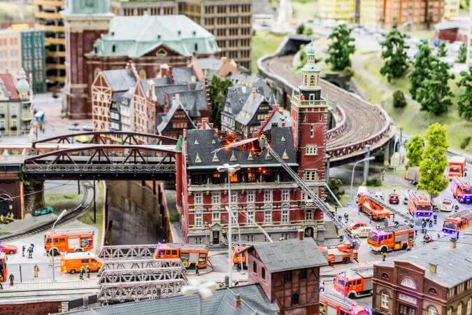 Replica of a burning house with fire department in Miniatur Wunderland Hamburg