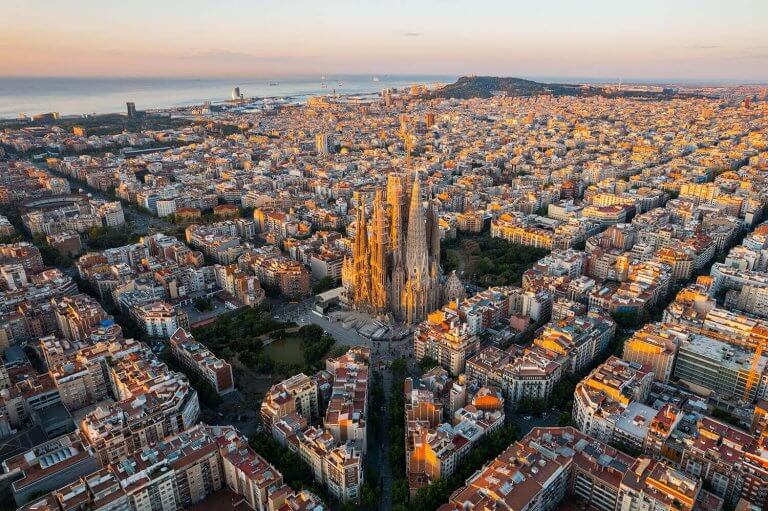 Panoramic view of Barcelona with the Sagrada familia in the center.