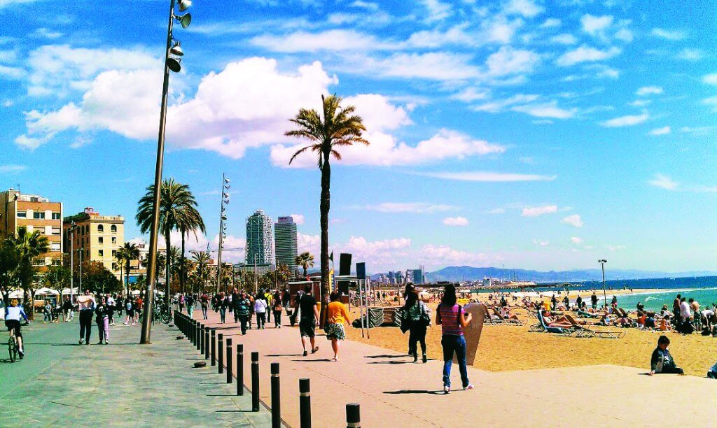 The Barceloneta Beach walk with blue sky on a sunny day.