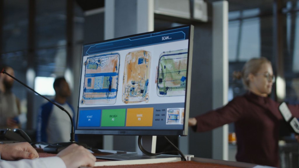 Monitor in a aiport checking the luggage of a passenger.