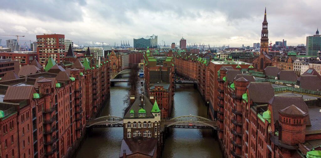 View of the canals of the Speicherstadt in hamburg
