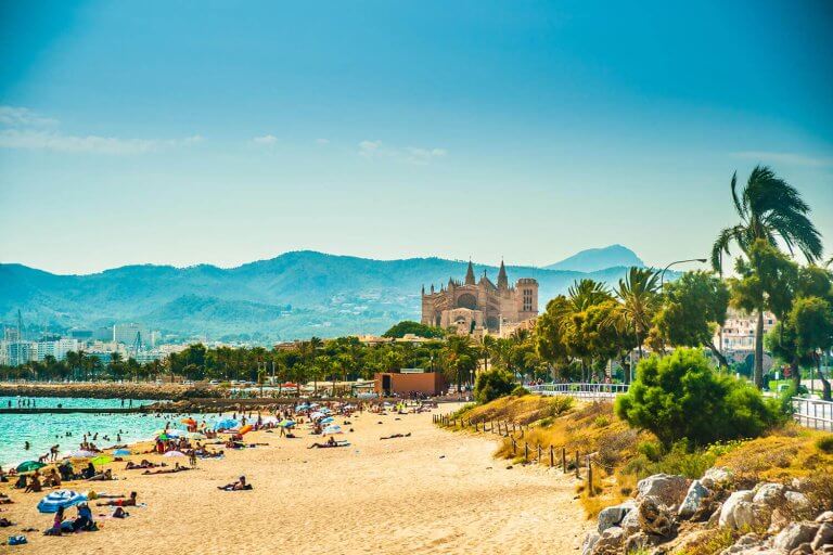 Beach close to the cathedrale La Seu of Palma de Mallorca.