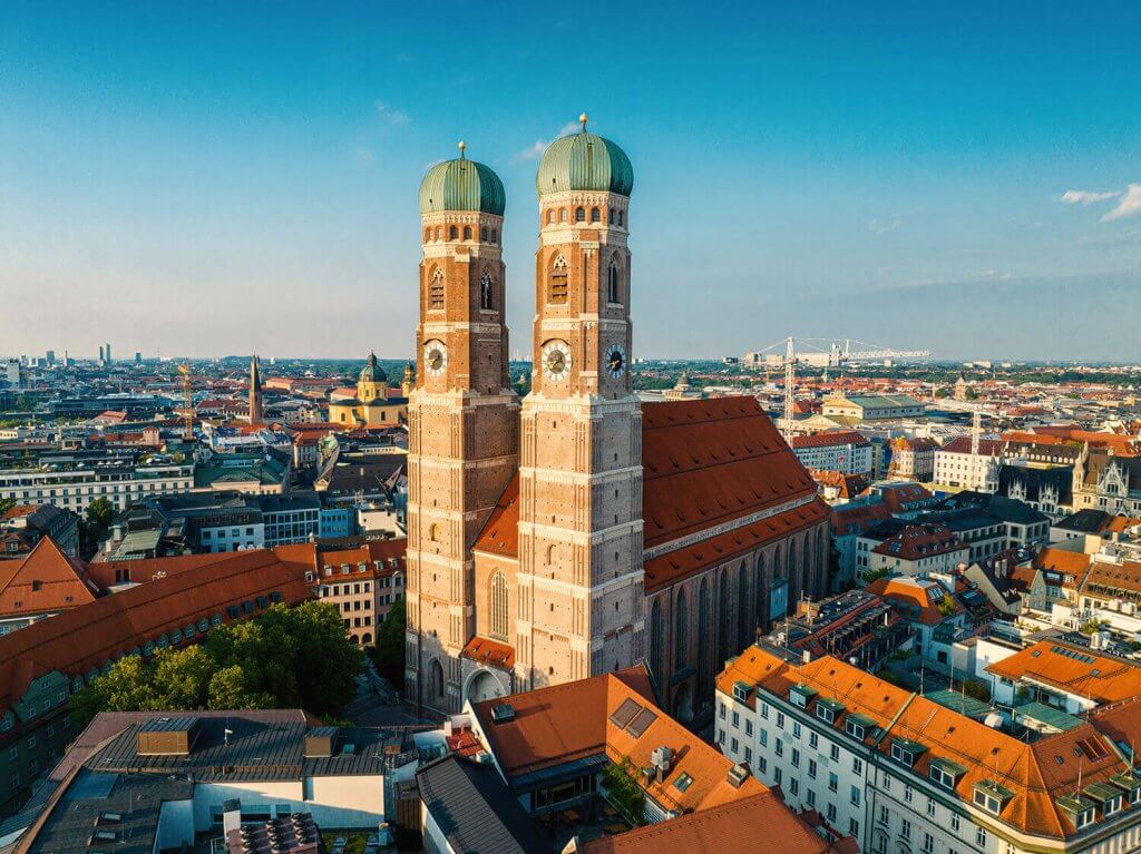 The Frauenkirche in Munich on a sunny day.
