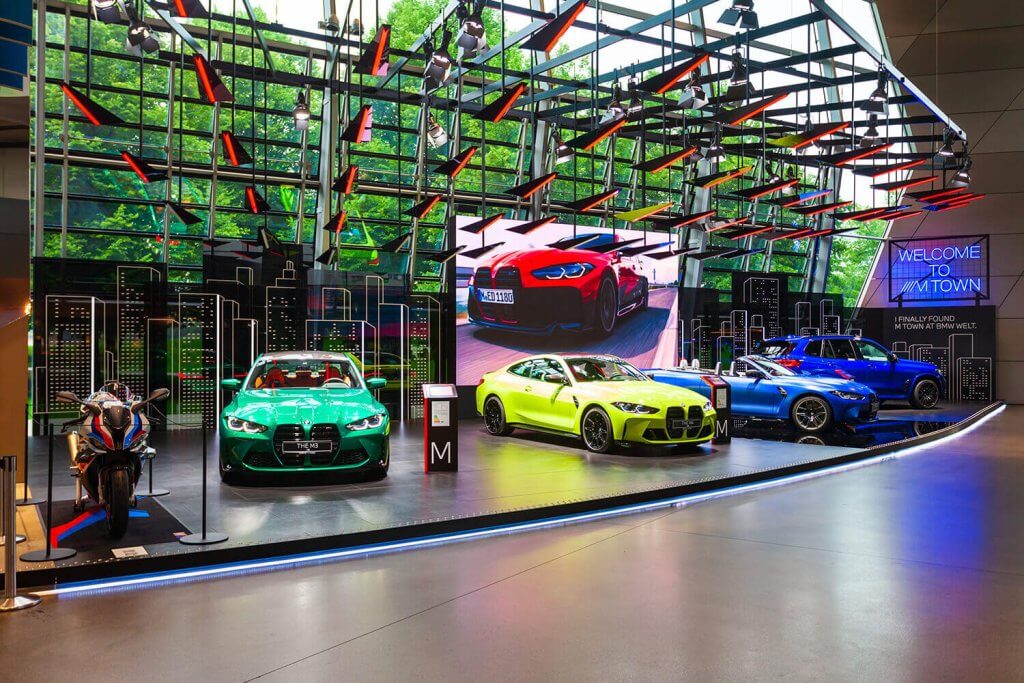 Three BMW cars at BMW Welt in Munich