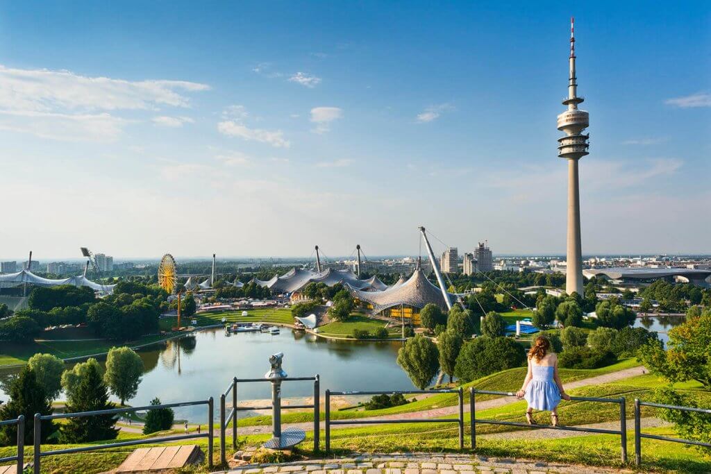 View of the Olympic park Munich with the television tower in the background