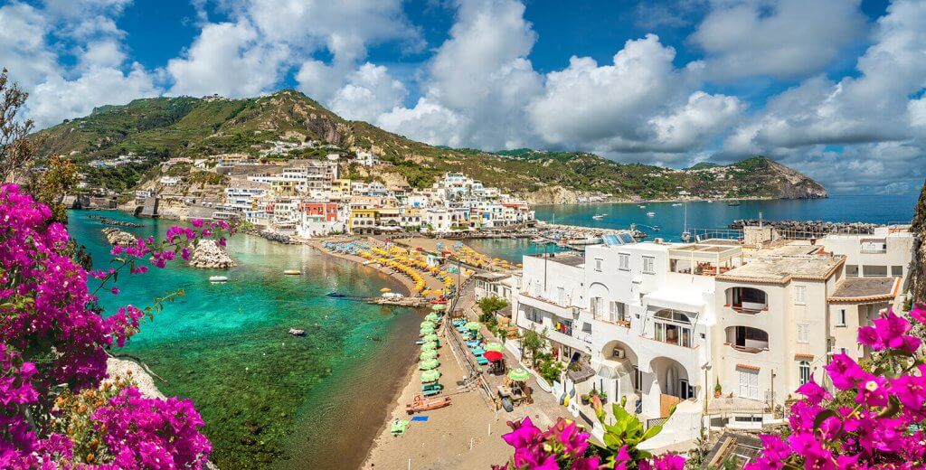View of a village on the island of Ischia on a sunny day.