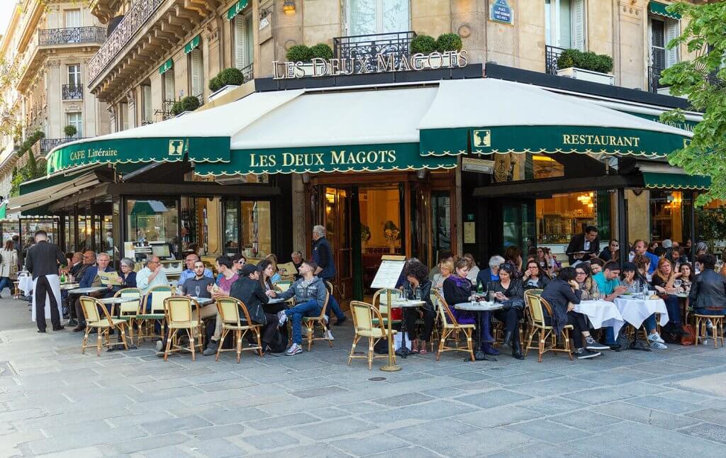 Outside view of the terrace Les Deux Magots in Paris.