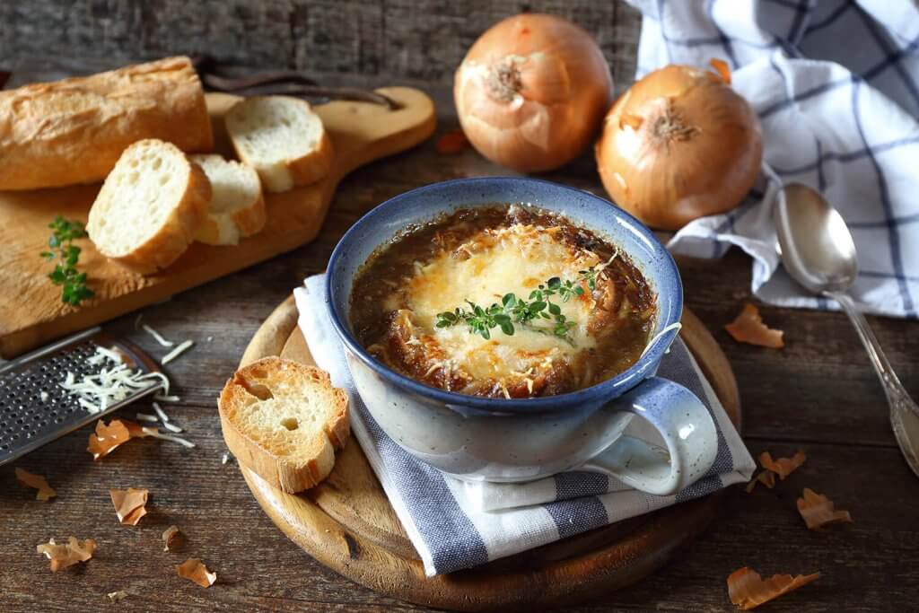 French onion soup with gratinated cheese and bread.