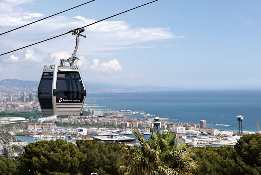 Gondola of the cable car in Barcelona with a view of the sea and the harbor
