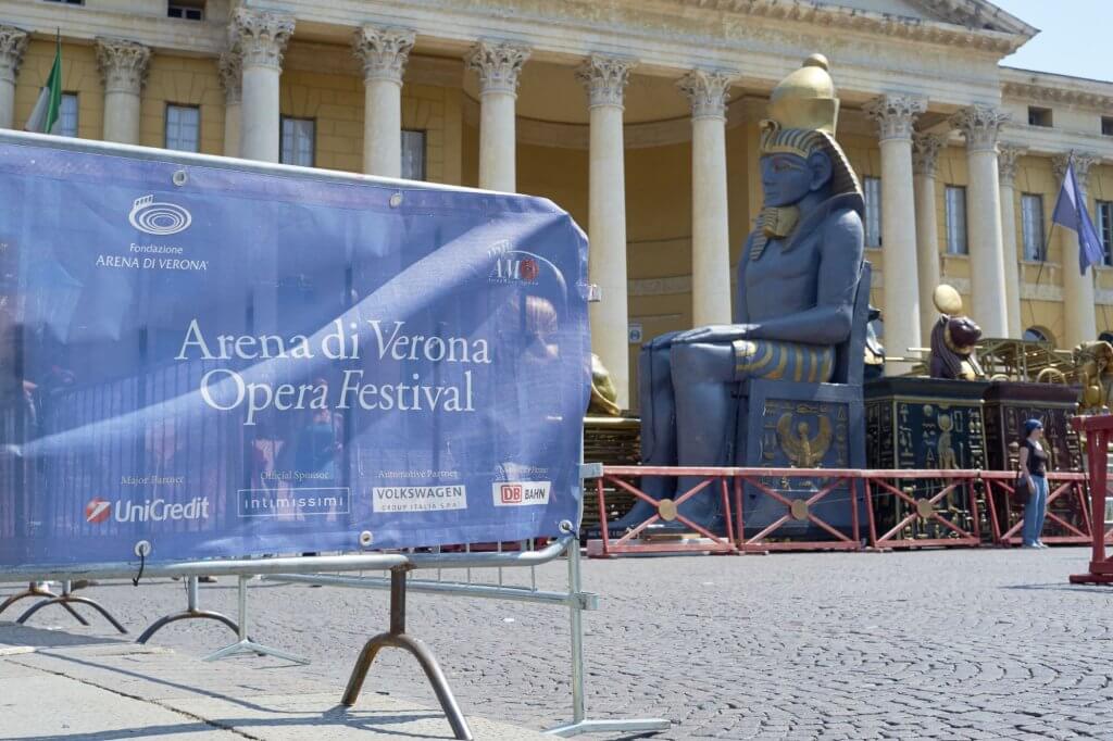 Prop of an Egyptian pharaoh outside the arena. July 13, 2015 in Verona. The opera festival is one of the most important international events in the field of opera.