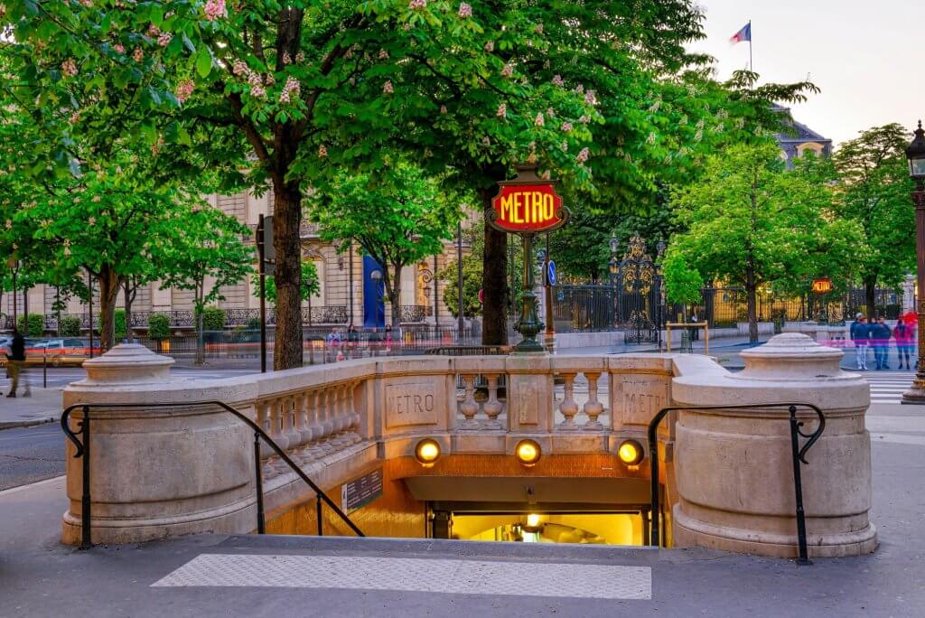 Entrance to the Paris metro at the Champs-Elysees in Paris, France