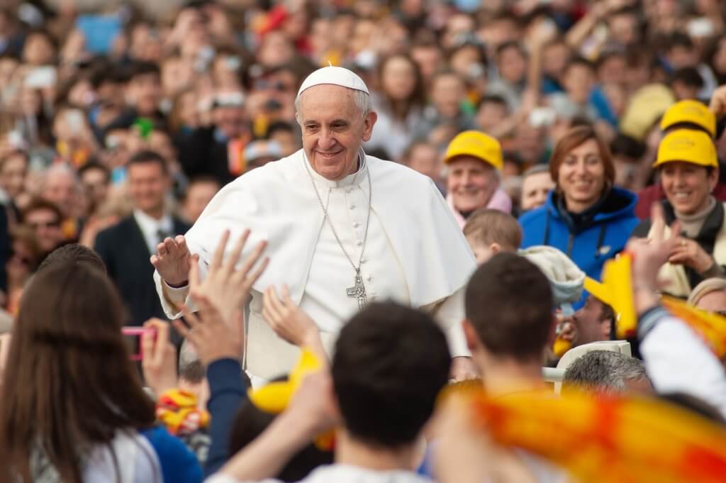 His Holiness Pope Francis I greets prayers gathered before St Peter' Basilica in Vatican City