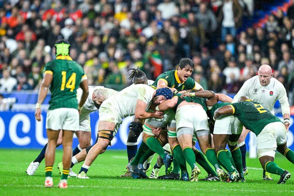 Franco Mostert in purple during the Rugby Union World Cup XV RWC match between England and South Africa Springboks at Stade de France in Saint-Denis near Paris on 21 October 2023.