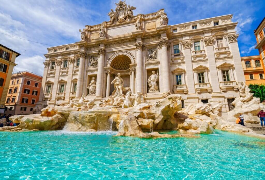 The famous Trevi Fountain in Rome in sunny weather