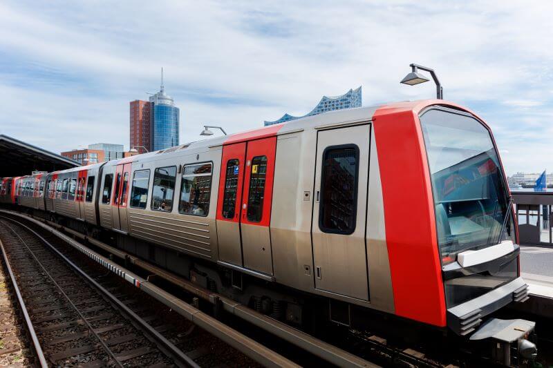 A modern U-Bahn at the station Baumwall near the harbourfront