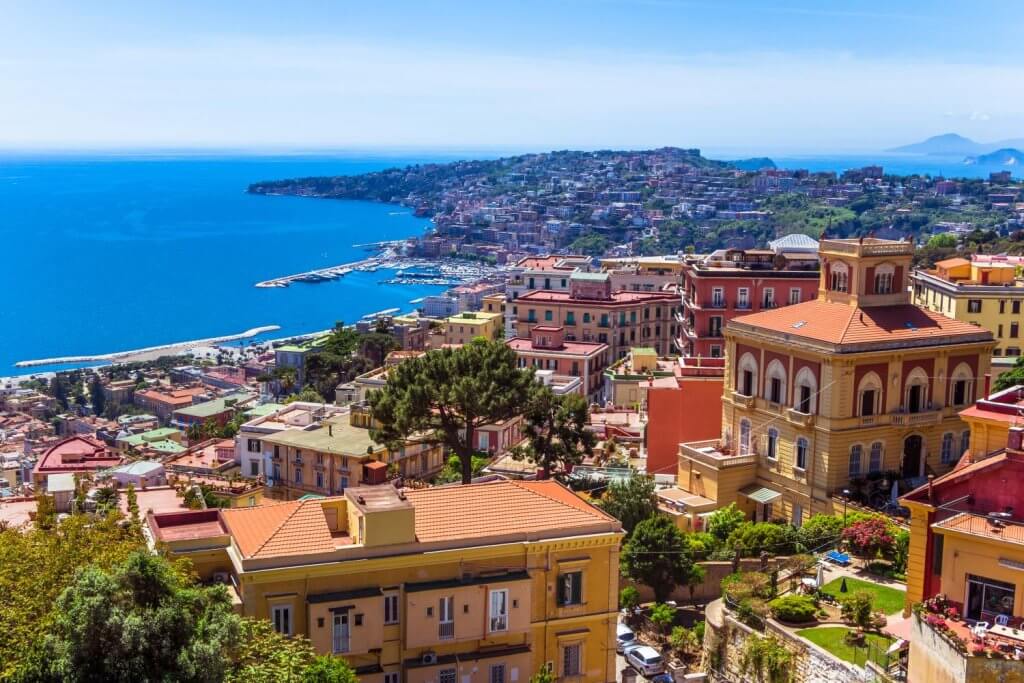 View from above of Naples coast and mount Vesuvius.