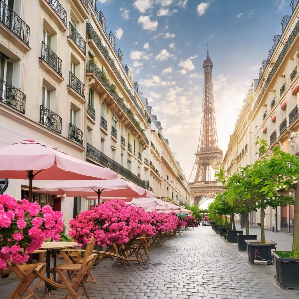 A charming street in Paris with cafés, flowers and the Eiffel Tower in the background