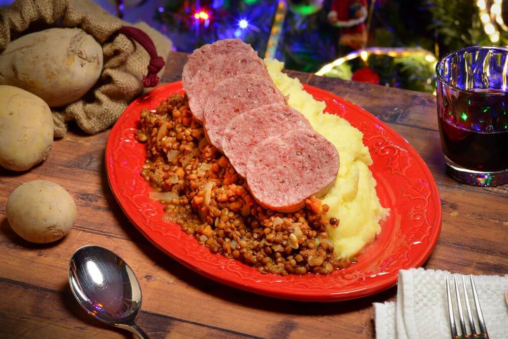 Typical Italian dish at the beginning of the year with mashed potatoes, lentils and cotechino