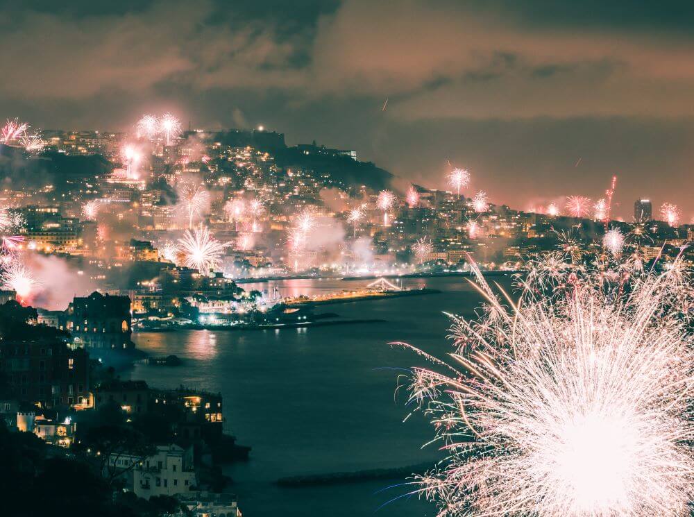 From early evening until late at night, spectacular fireworks are set off to welcome the New Year.