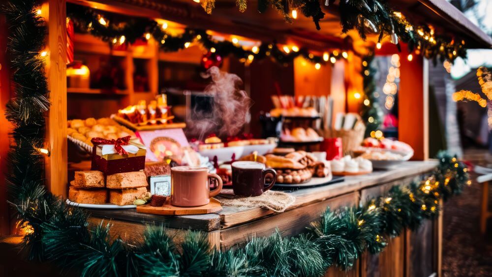 A cosy outdoor hot chocolate stand, decorated with Christmas music and garlands, offers warm drinks and tasty treats.