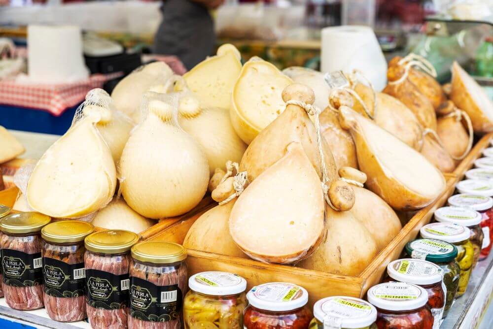 Caciocavallo cheese at a street food market in Via Toledo